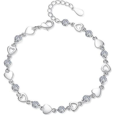 Bracelet de Mode en Argent Sterling 925 Cœur d'Amour Zircone Chaîne Liée Pour Femmes Charme Manchette Jonc Bijou Cadeau Pulseira blanc
