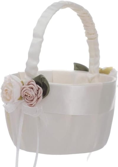 Bloemenmeisje Bruiloft Mand - Bruidsmand Satijn - Bloemen strooien - Met strik decoratie - 21cm x 16cm x 16cm - Wit