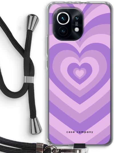 Case Company® - Hoesje met koord geschikt voor Xiaomi Mi 11 hoesje met Koord - Hart Paars - Telefoonhoesje met Zwart Koord - Bescherming aan alle Kanten en Over de Schermrand