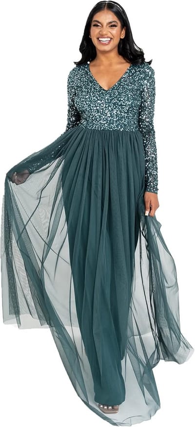 Elegante Maxi Jurk Lange Mouwen Bruiloftsgast V-Hals Empire Taille Avondjurk