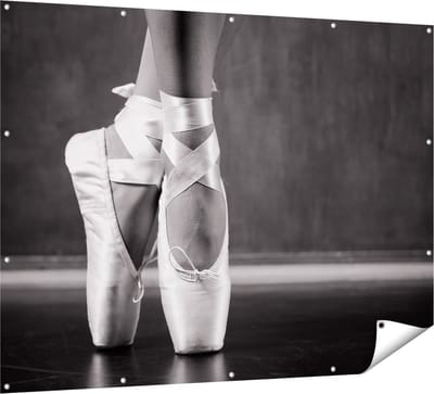 Gards Tuinposter Ballet Schoenen van een Ballerina - Zwart Wit - 160x120 cm - Tuindoek - Tuindecoratie - Wanddecoratie buiten - Tuinschilderij