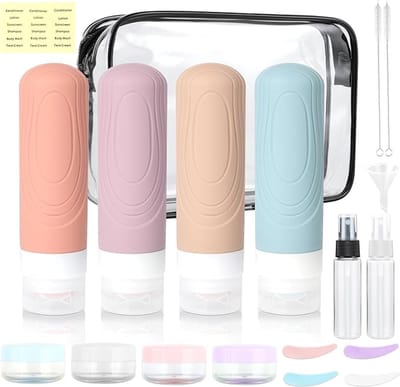 Famanu –Reisflessen om te vullen, 19 stuks siliconen reisflessen, set van 90 ml, lekvrij, navulbare draagbare reisflessenset voor shampoo, crèmespoeling, BPA-vrij