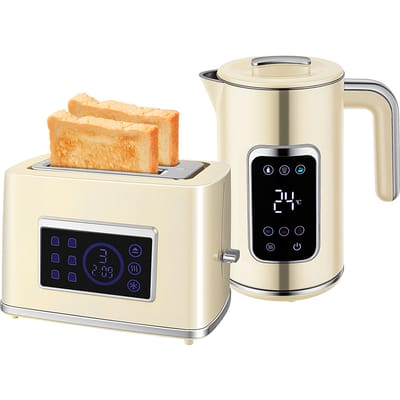 Homcom Ontbijtset met Led Touch Screen Ketel 1,7L 2200W Brede Sleuf Broodrooster 2 Plakjes Crème