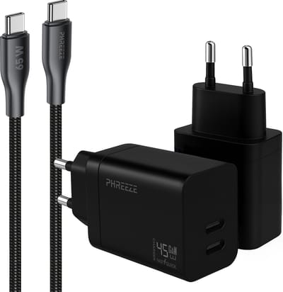 Phreeze fast charger 45 W - Usb C naar usb C oplaadkabel 1 meter - PPS fast charger - Snellader met 2 poorten