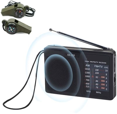 Draagbare Mini Noodradio FM/AM + 2 stuks 3 In 1 Noodfluitje - Pocket Radio Speler - Radio voor Rampen - Radio op Batterijen - Kleine Draagbare Radio - Zakradio - Transistor Radio op Batterijen - Kleine Radio - Zwart - 111*74*21mm