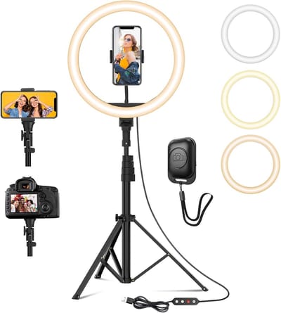 SnelShoppen - Professionele 12 Inch Ring Light met Driehoekige Beugel en 64 Inch Hoogte - LED Selfie Light met 3 Verlichtingsstanden en 10 Helderheids