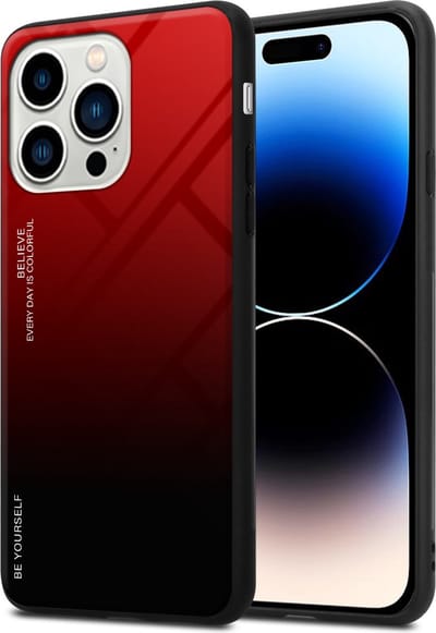 Cadorabo Hoesje geschikt voor Apple iPhone 14 PRO in ROOD - ZWART - Tweekleurige beschermhoes van TPU-silicone Case Cover en achterzijde van gehard glas