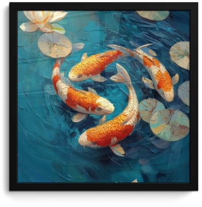 Poster in lijst - Fotolijst 40x40 cm - Posters - Vissen - Waterlelies - Oranje - Water - Posterlijst zwart - Decoratie - Wanddecoratie woonkamer - Muurdecoratie slaapkamer