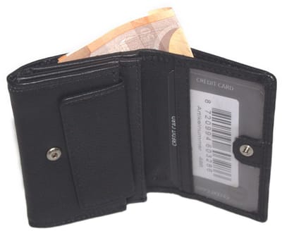 Oi zwart leren mini beursje / klein en eenvoudig portemonneetje met zichtvak / zeer compacte damesportemonnee of herenportemonnee / beveiligd tegen skimmen / zwart leer / 486