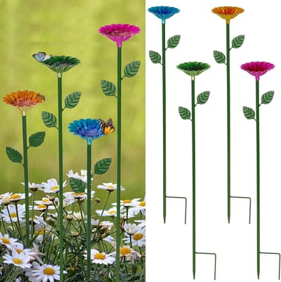 Set van 4 bijendrinkstations, bijenbaden voor in de tuin, metalen bijendrinkbakken met bloemenmotief, kleurrijke vlinderbadkommen voor tuin- en terrasdecoratie (rood, groen, blauw, geel)