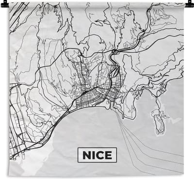 Wandkleed - Wanddoek - Kaart - Frankrijk - Nice - Stadskaart - Plattegrond - Zwart wit - 180x180 cm - Wandtapijt