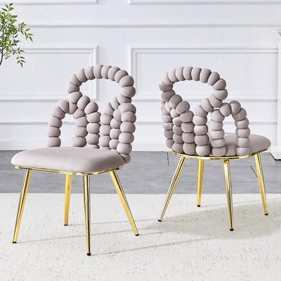 Pugsdrly Veelzijdige eetkamerstoelen van lichtgrijs fluweel (set van 2) met rugleuning met kettingballen – Stabiele poten van goudkleurig metaal, ideaal voor de eetkamer, kleedkamers en de woonkamer