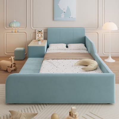 Gestoffeerd bed 90x200 cm - eenpersoonsbed met kinderbureau en kruk - met opbergplank - kinderbed - blauw - zonder matras