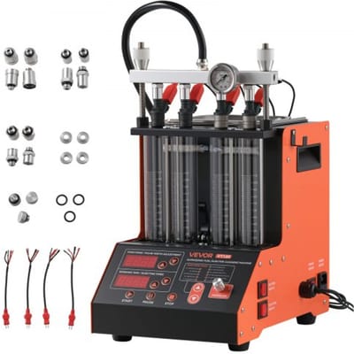 VEVOR Brandstofinjectorreiniger met 9 testmodi, ultrasoon reinigingsapparaat voor 4 cilinders (28 kHz), brandstofinjectorreiniger met aftapkraan en 12V-bedrijfsspanning voor auto's en motoren.
