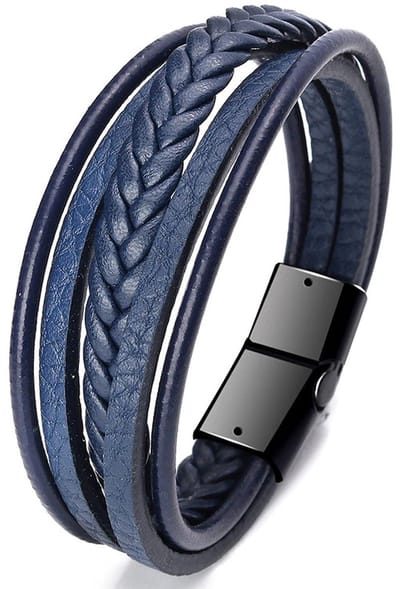 Armband Heren - Blauw Leer met Zwarte Sluiting - Leren Armbanden - Papa Cadeau Voor Mannen - Vaderdag