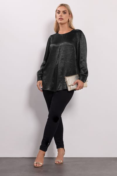 Yours Zwarte Blouse Met Gekreukte Satijnen Plooien Aan De Voorkant Size 42