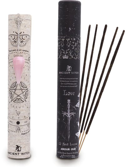 Ancient Witch wierook - liefde - love - amour oud - rozekwarts pendel - heksen wierook - spell incense - koker 12 stokjes