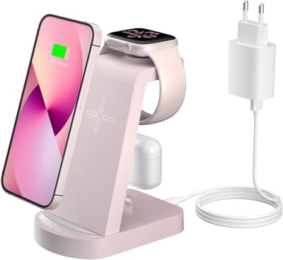 Draadloos Laadstation - Oplader 3-in-1 - Apparaten Gelijktijdig Laden - Inclusief 18W Adapter - 1 Meter Kabel - Roze