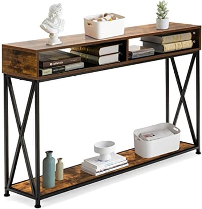 Consoletafel met 2 etages en verstelbare onderzetters - Haltafel van hout en metaal in industrieel design