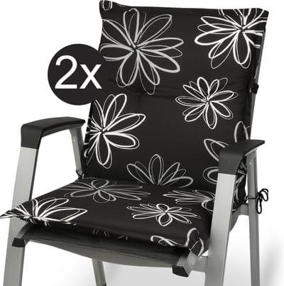 Beautissu Flores – Set van 2 Tuinkussens Hoge Rug 100x50x6 cm Zitkussen Tuinstoel UV-lichtecht Tuinstoelkussens Zwart Kussen met Print