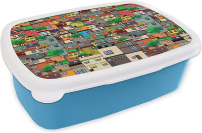 Broodtrommel Blauw - Lunchbox - Brooddoos - Patronen - Gebouwen - Zentangle - 18x12x6 cm - Kinderen - Jongen