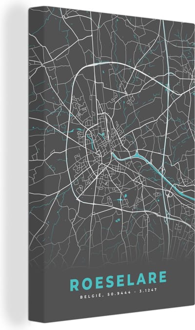 Canvas Schilderij België – Roeselare – Stadskaart – Kaart – Blauw – Plattegrond - 20x30 cm - Wanddecoratie