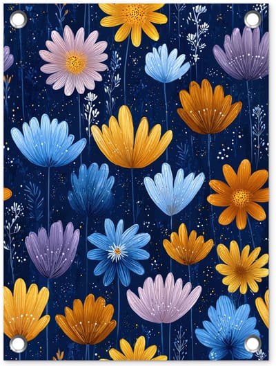 Tuinposter 30x40 cm - Tuindecoratie Bloemen - Patroon - Blauw - Contrast - Poster voor in de tuin - Buiten decoratie - Schutting tuinschilderij - Tuindoek muurdecoratie - Wanddecoratie balkondoek