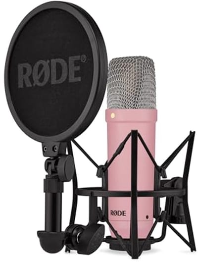 Grootdiafragma condensatormicrofoon met schokmount, popfilter en XLR-kabel voor muziekproductie, vocalen en streaming (Roze)