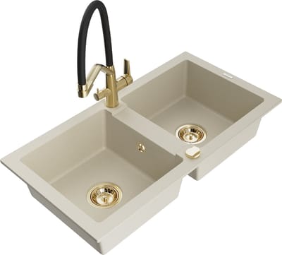 Mexen Mario granieten spoelbak met 2 compartimenten en Duo keukenkraan, beige - 6504-69-671701-57-G