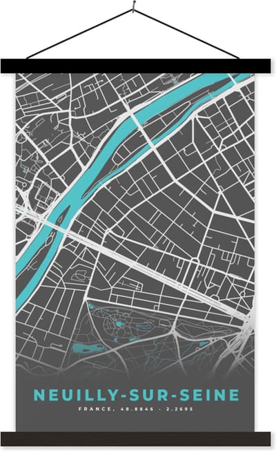 Posterhanger incl. Poster 40x60 cm - Schoolplaat - Neuilly-sur-Seine - Frankrijk - Plattegrond - Kaart - Stadskaart - Textielposter - Zwarte latten - Stadskaart