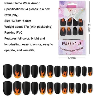 24 Stuks Vlam Nepnagels Set Zwarte Nepnagels Nageltips Volledige Dekking Nagels Kunst Nachtclub Druk op zwart
