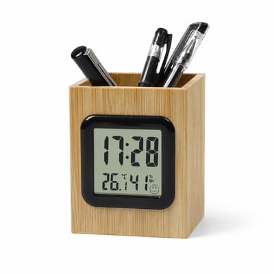 VHV-Multifunctionele Wekker met Pennenhouder - Digitale Klok van Bamboe Hout - Wekker met Temperatuur- en Luchtvochtigheidsmeter - Bureau Organizer voor Studenten en Kantoor - Houtlook