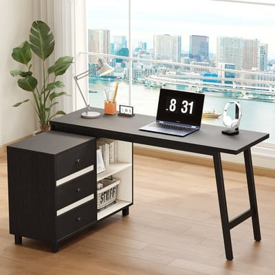 PHOEBE CAT Hoekbureau - L-bureau - 3 lades - Opbergplank - Metalen poten - 150 x 100 x 76 cm - Zwart + Wit