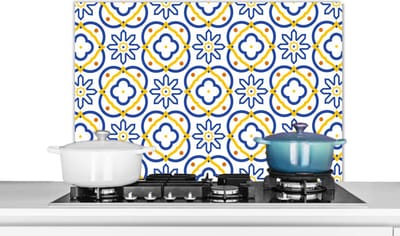 Spatscherm keuken 80x55 cm - Kookplaat achterwand Bloem - Blauw - Geel - Tegels - Patronen - Muurbeschermer - Spatwand fornuis - Hoogwaardig aluminium