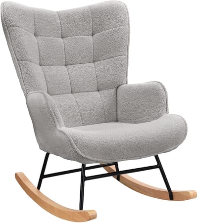 Schommelstoel, Verpleegstoel in pluche stof, Schommelstoel met hoge rug, Massief houten en metalen frame, Lichtgrijs