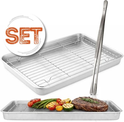Braadslede met 304 RVS Ovenrooster / Afkoelrooster - 31,8 x 24,8 x 3 cm + Zilveren Keukenpincet / Kookpincet 30,5 cm – Oven, BBQ & Airfryer Set