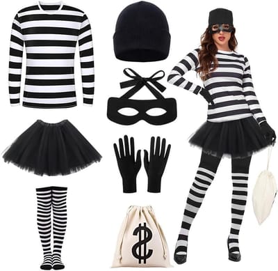 Vrouwelijk Voleur Kostuum met Gestreept T-Shirt, Korte Rok, Hoge Sokken en Accessoires voor Carnaval en Cosplay