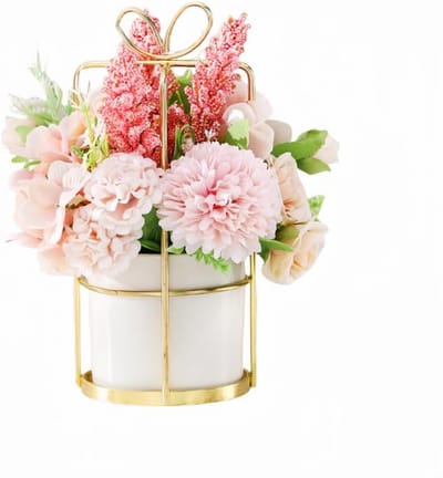 SnelShoppen - 20cm Kunstbloemen in Vaasje, Roze Pioenrozen, Kunstbloemen voor Badkamerdecoratie, Keramische Bloempot, Metalen Frame, Bruiloft Tafeldec