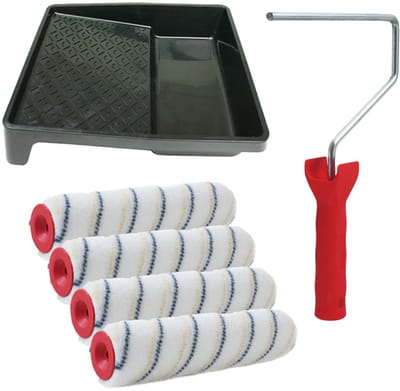 Sorex pluisvrije verfrollers schilderen set - met beugel en verfbak - 4x anti spat rollers - breedte 18 cm - dikte 6 cm