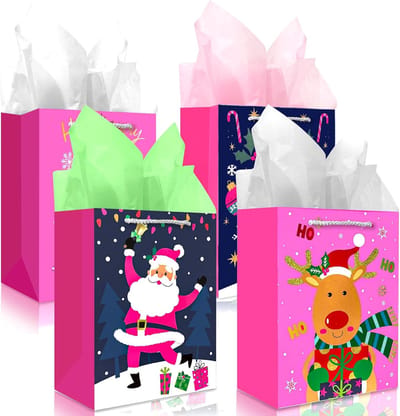 Cadeauzakjes, kerstcadeauzakjes met zijdepapier voor meisjes en vrouwen, perzikkleurig, roze, kerstcadeauzakjes - ShopVlot