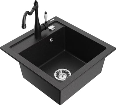 Mexen Vito granieten spoelbak 1-komerig met keukenkraan Carla, zwart/zilver metallic - 6503-73-670700-70