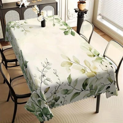 Nappe Impression Feuille Verte Aquarelle, Design Eucalyptus Botanique avec Bord Festonné, Résistante aux Taches pour Salle à Manger & Rustique 100x140cm