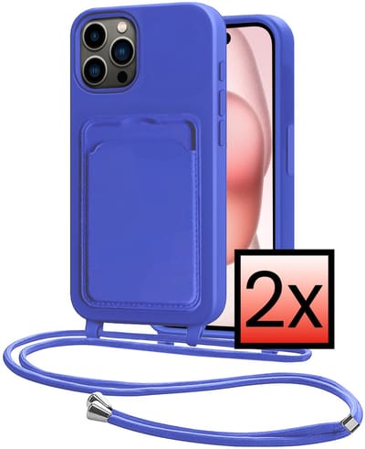Hoes Geschikt voor iPhone 14 Pro Hoesje Pasjeshouder Cover Met Koord Case Siliconen Hoes Met Telefoonkoord en Kaarthouder - Felblauw - 2 PACK