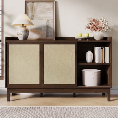 Buffetkast Natuur - Dressoir met Schuifdeuren en 2 Lades - Houten Opbergkast met Open Legplanken - Woonkamer en Eetkamer - 150 cm