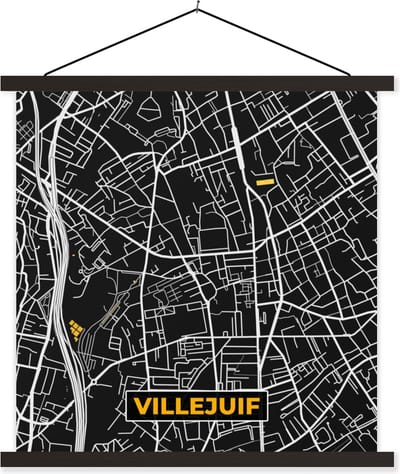 Posterhanger incl. Poster 60x60 cm - Schoolplaat - Frankrijk – Villejuif - Plattegrond – Stadskaart – Kaart - Textielposter - Zwarte latten - Stadskaart