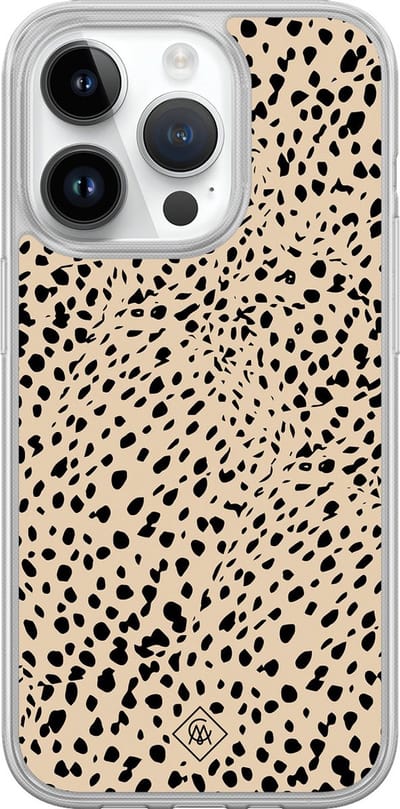 Casimoda® hoesje - Geschikt voor iPhone 14 Pro - Stippen bruin abstract - 2-in-1 case - Schokbestendig - Gestipt - Verhoogde randen - Bruin/beige, Transparant