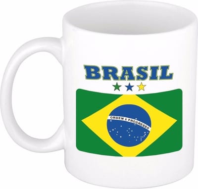 Bellatio Decorations koffie mok - Brazilie - vlag print - 300 ml - wit - keramiek - Supporters fan artikelen - Landen beker