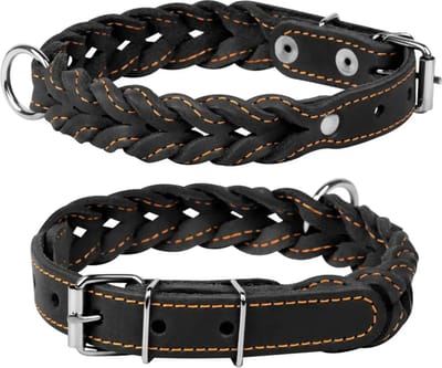WAUDOG Classic Gevlochten Halsband - Leder - Zwart - Breedte: 14 mm - Nekomtrek: 27 - 35 cm (GELIEVE ALVORENS BESTELLEN OPMETEN)