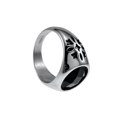 Zegelring Unisex - Gepolijst RVS - Ronde Design - Ring met Zwarte Zirkonia Dames - Heren