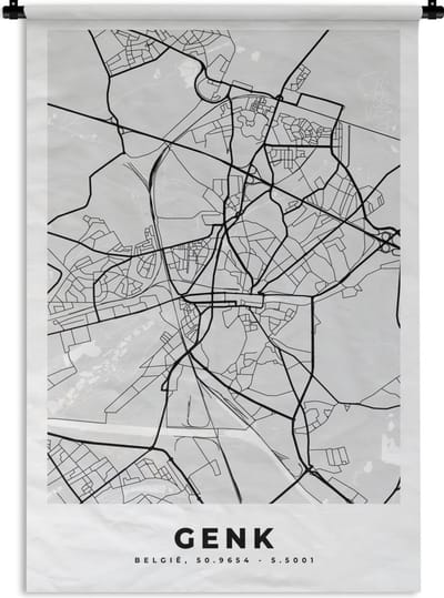 Wandkleed - Wanddoek - België – Genk – Stadskaart – Kaart – Zwart Wit – Plattegrond - 120x180 cm - Wandtapijt